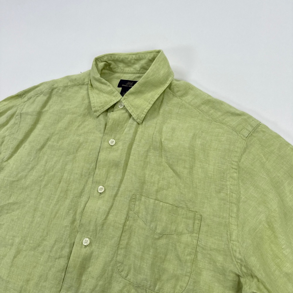 Brooks Brothers Mens Shirt M Green 100% Linen Short Sleeve Button Down Coastal